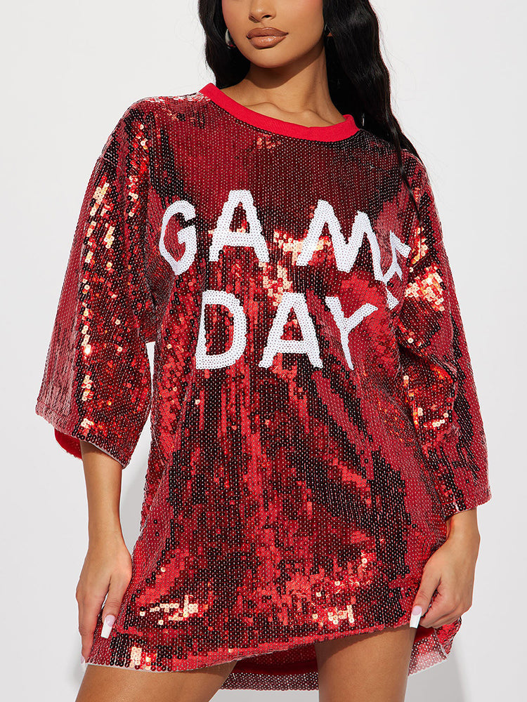 Sequin T-Shirt Dress with Geometric Print - View 41 | Lwiis
