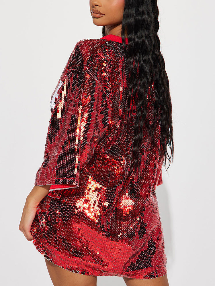 Sequin T-Shirt Dress with Geometric Print - View 43 | Lwiis