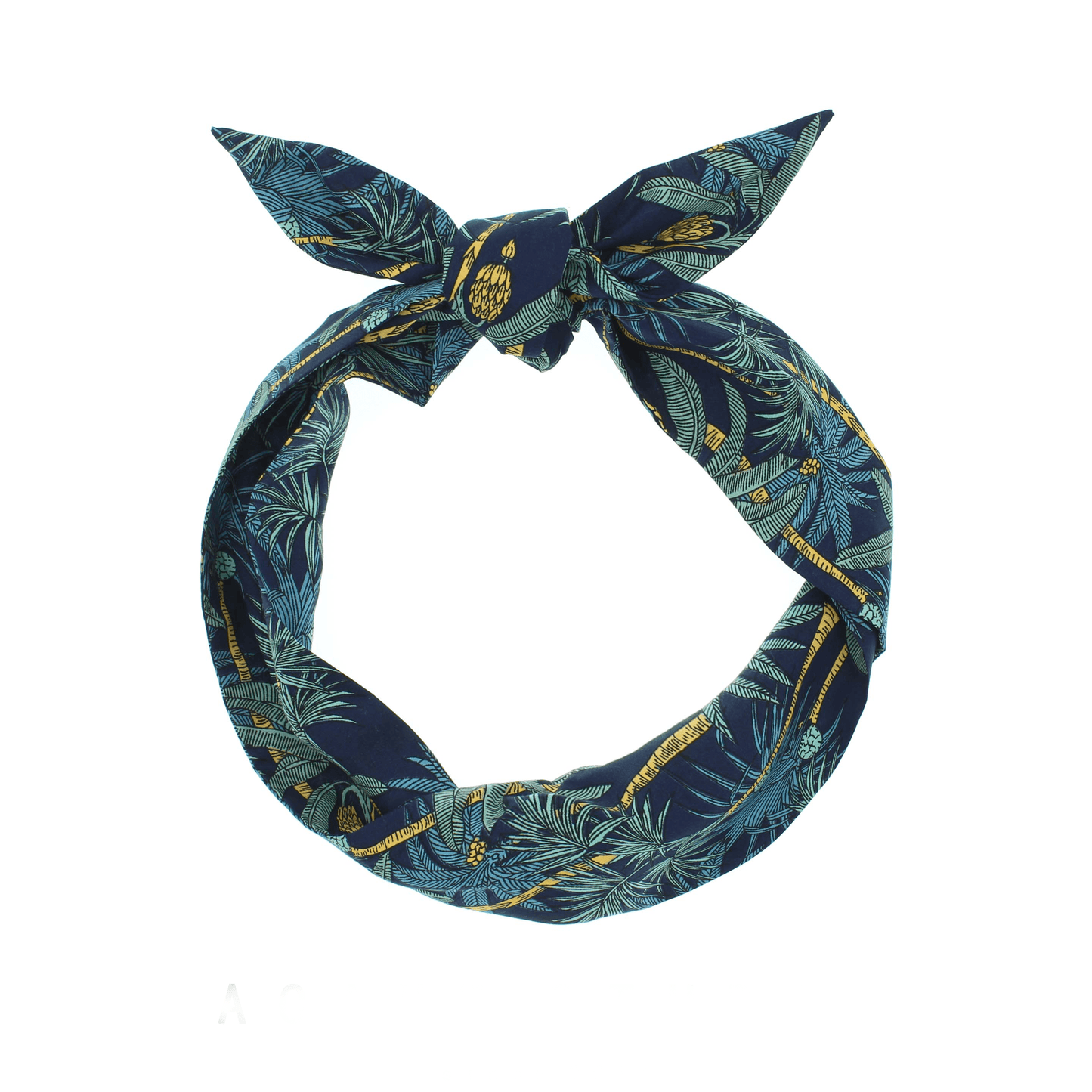 Navy blue headband with a tropical palm leaf and pineapple print, tied in a knot at the top.