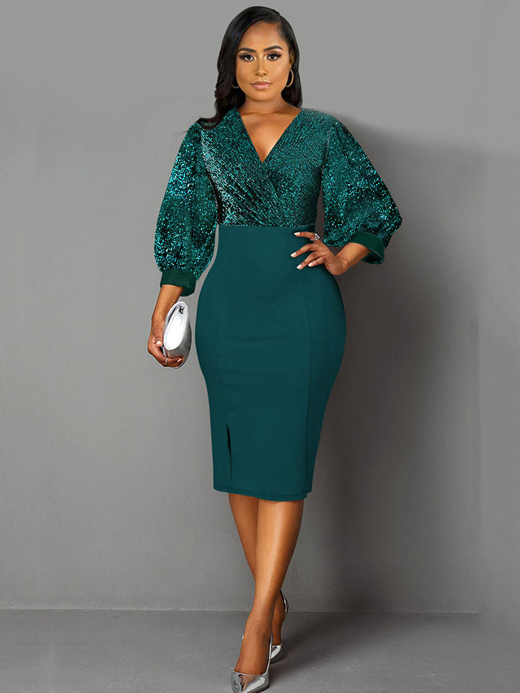 Woman wearing a dark green sequined v-neck bishop sleeve sheath dress with a pencil skirt and side slit, holding a silver clutch.