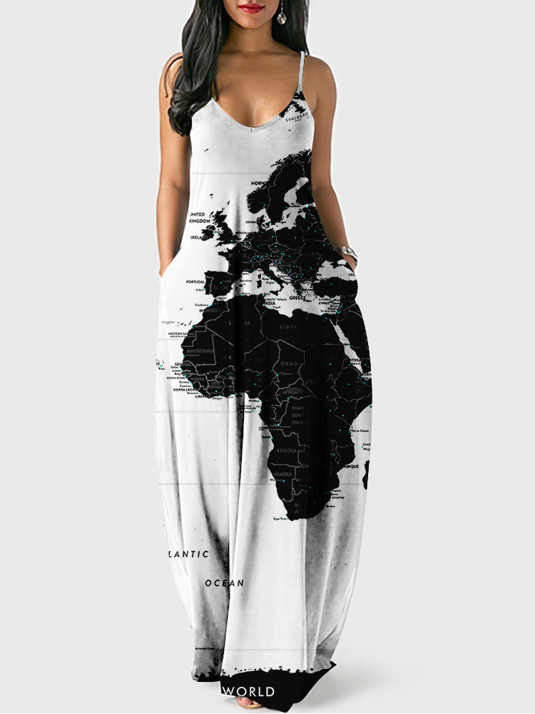Spaghetti strap maxi dress with world map print - View 6 | Lwiis