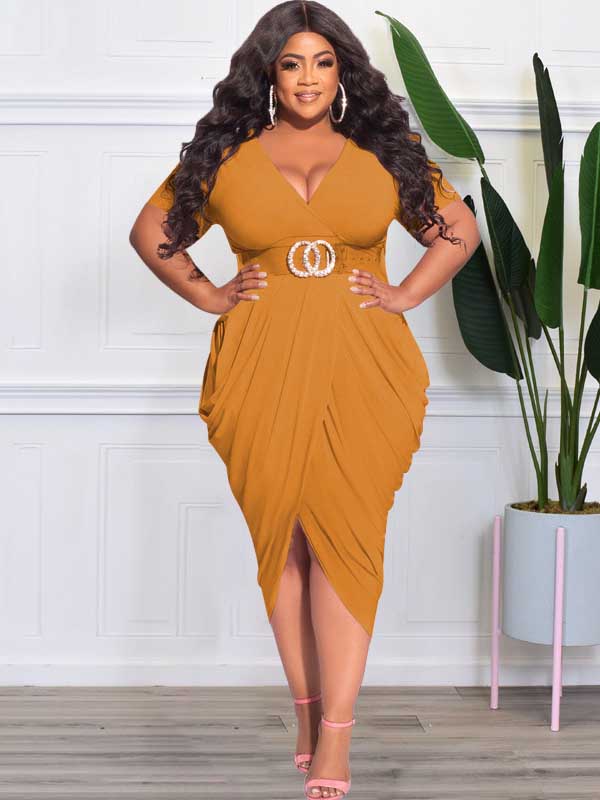 Ruched V-Neck Midi Dress - View 21 | Lwiis