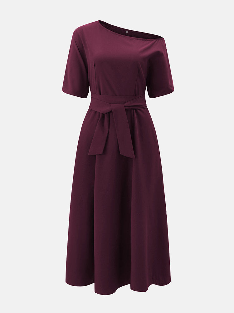 Oblique Neckline Maxi Dress with Belt - View 16 | Lwiis