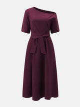 Oblique Neckline Maxi Dress with Belt - View 16 | Lwiis