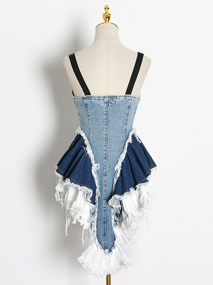 Denim patchwork mini dress with V-neckline and zipper front - View 10 | Lwiis