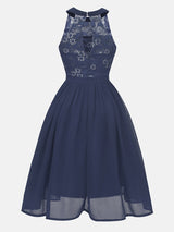 Navy blue lace and chiffon halter neck A-line dress, back view