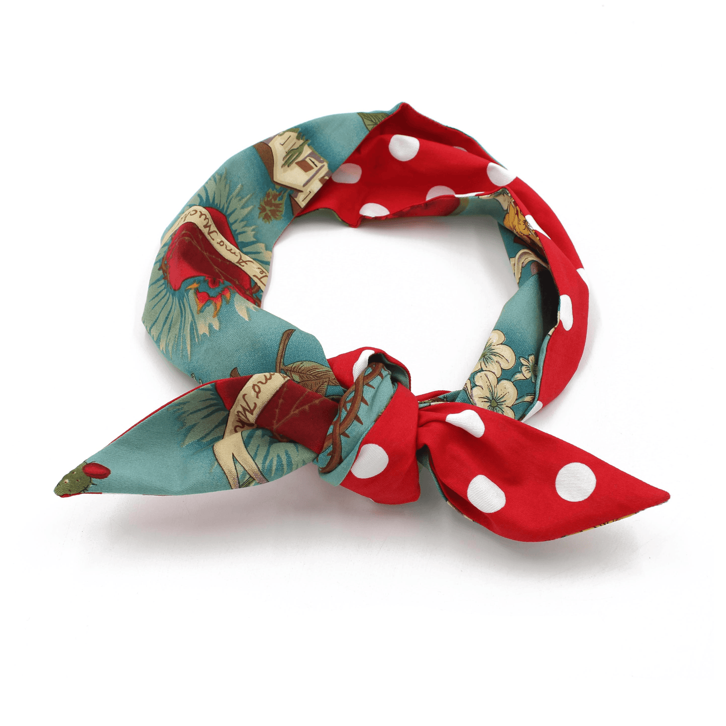 Red and teal polka dot and floral print satin headband tied in a knot
