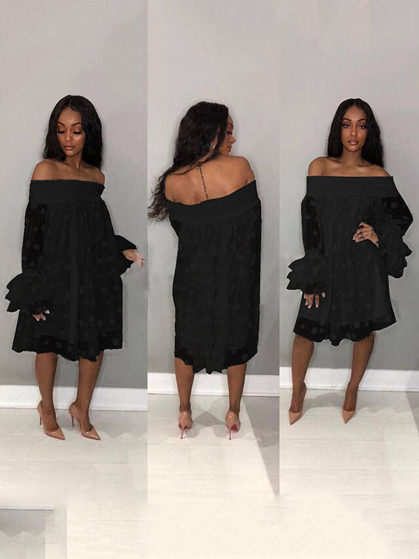 Collage of a woman in a black off-the-shoulder polka dot dress from front, back, and three-quarter views