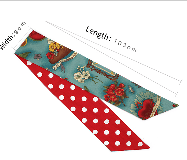 Red and teal polka dot and floral print satin headband with dimensions shown: width 9 cm, length 103 cm
