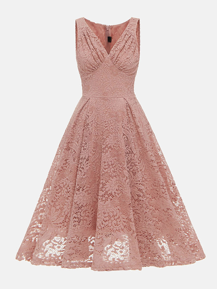 Pink lace fit and flare dress, front view