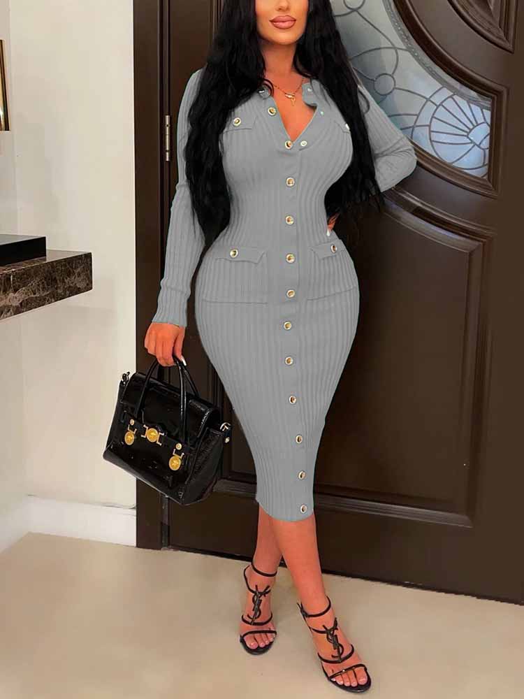 Ribbed knit midi dress with button front - View 10 | Lwiis