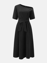 Oblique Neckline Maxi Dress with Belt - View 20 | Lwiis
