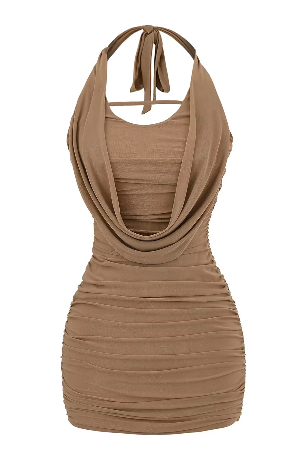 tan ruched halter neck bodycon dress