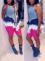 Denim patchwork mini dress with V-neckline and zipper front - View 12 | Lwiis