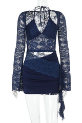 Jacquard Lace Flare Sleeve Halter Mini Dress - View 7 | Lwiis