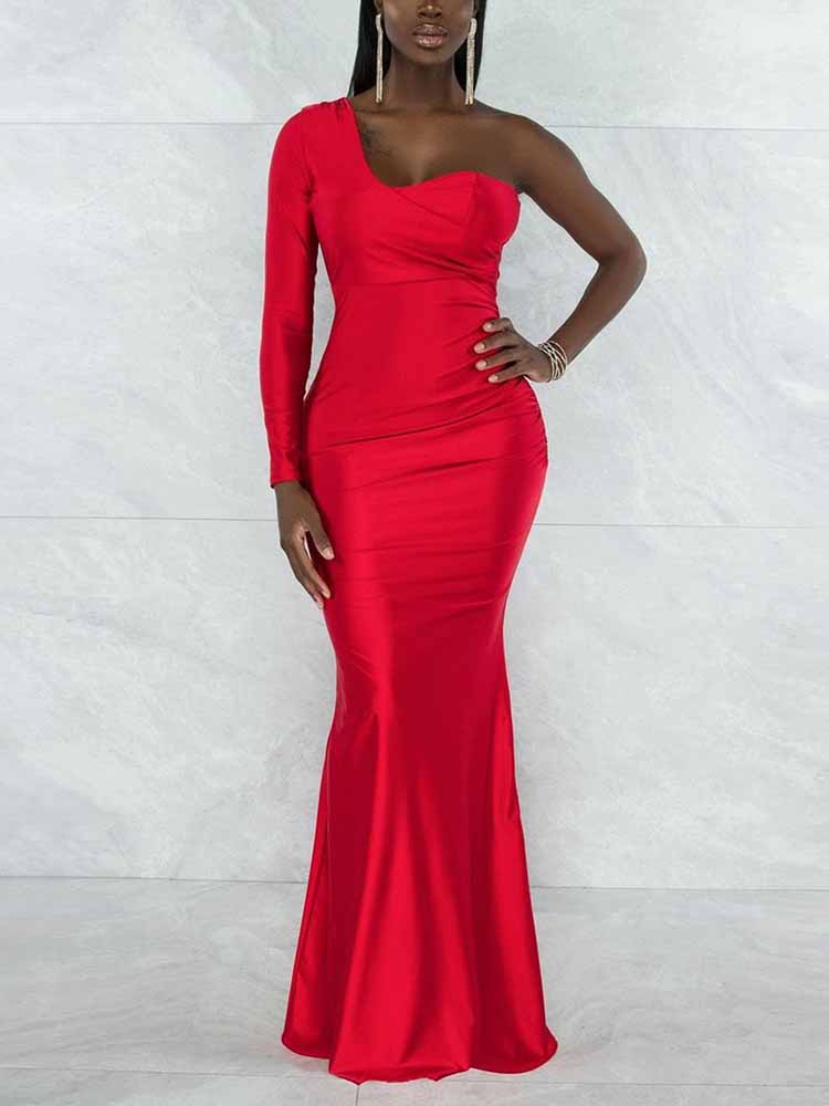 Elegant one shoulder mermaid maxi dress with ruched detailing - View 7 | Lwiis