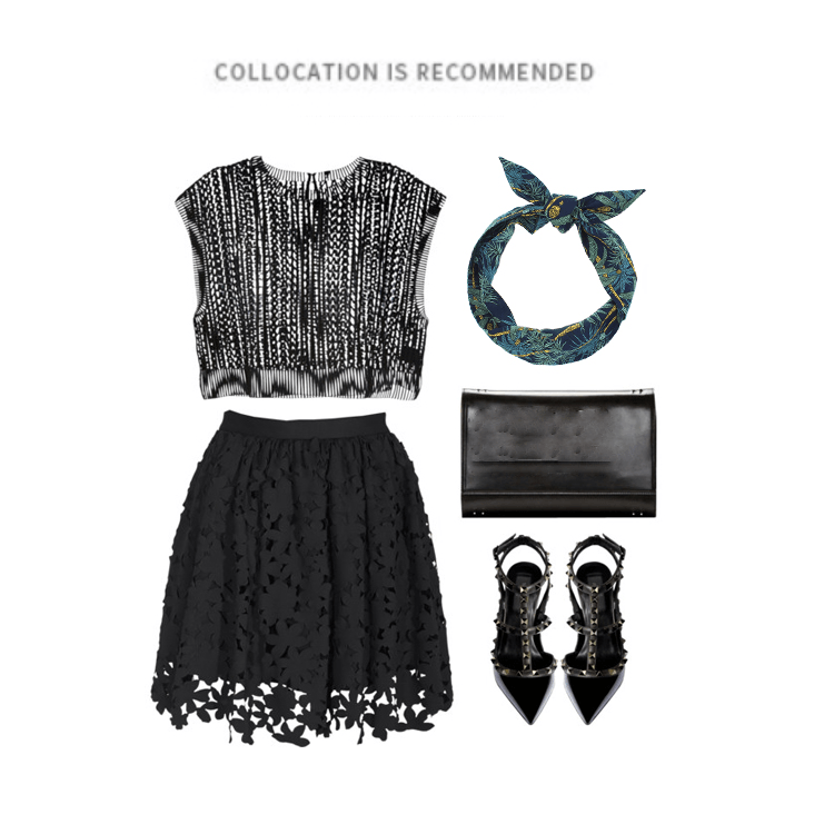 Outfit suggestion featuring a black and white patterned top, black lace skirt, black clutch, black studded heels, and a navy blue tropical print headband.