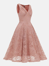 Pink lace fit and flare dress, side view