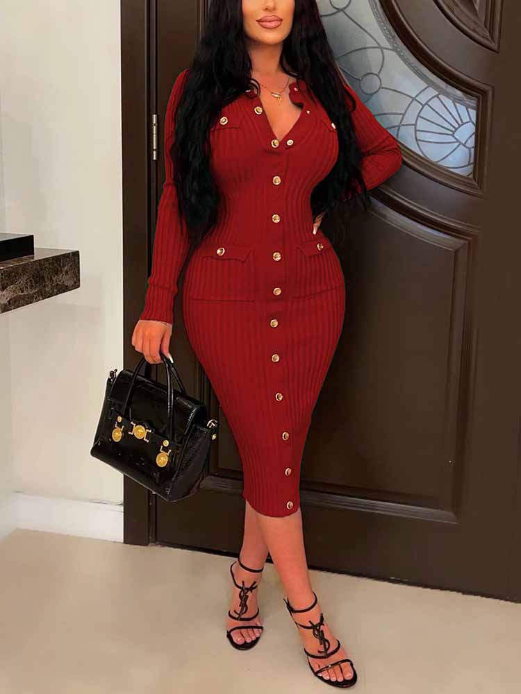 Woman wearing a long-sleeved, ribbed knit midi dress with a V-neck and button-front closure in deep red.