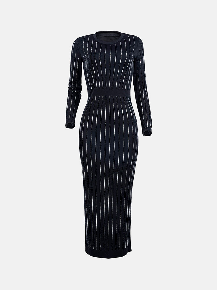 Front view of a black long-sleeved midi dress with vertical rhinestone embellishments and a crew neckline.