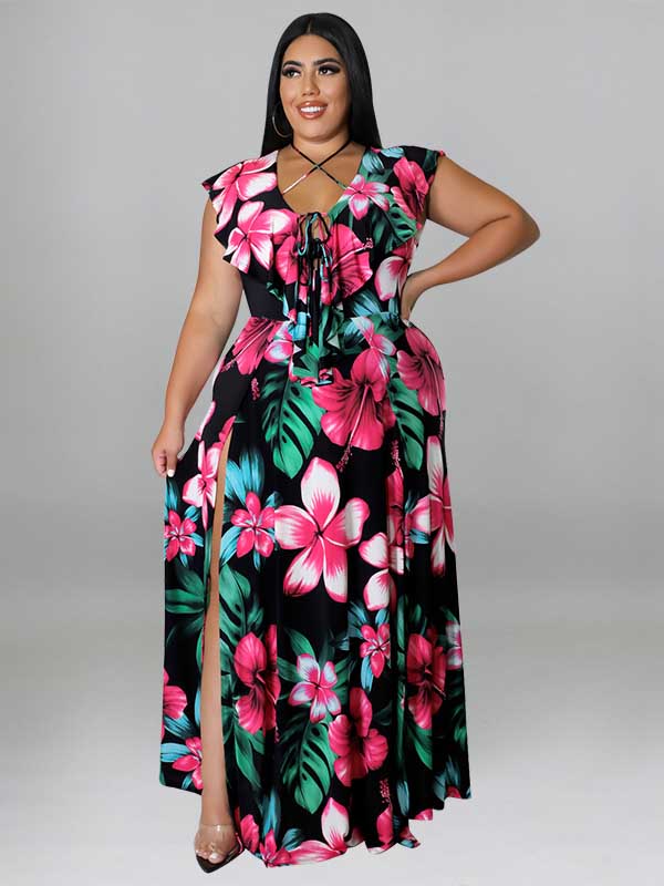 Floral maxi dress with ruffle sleeves and lace-up neckline - View 6 | Lwiis