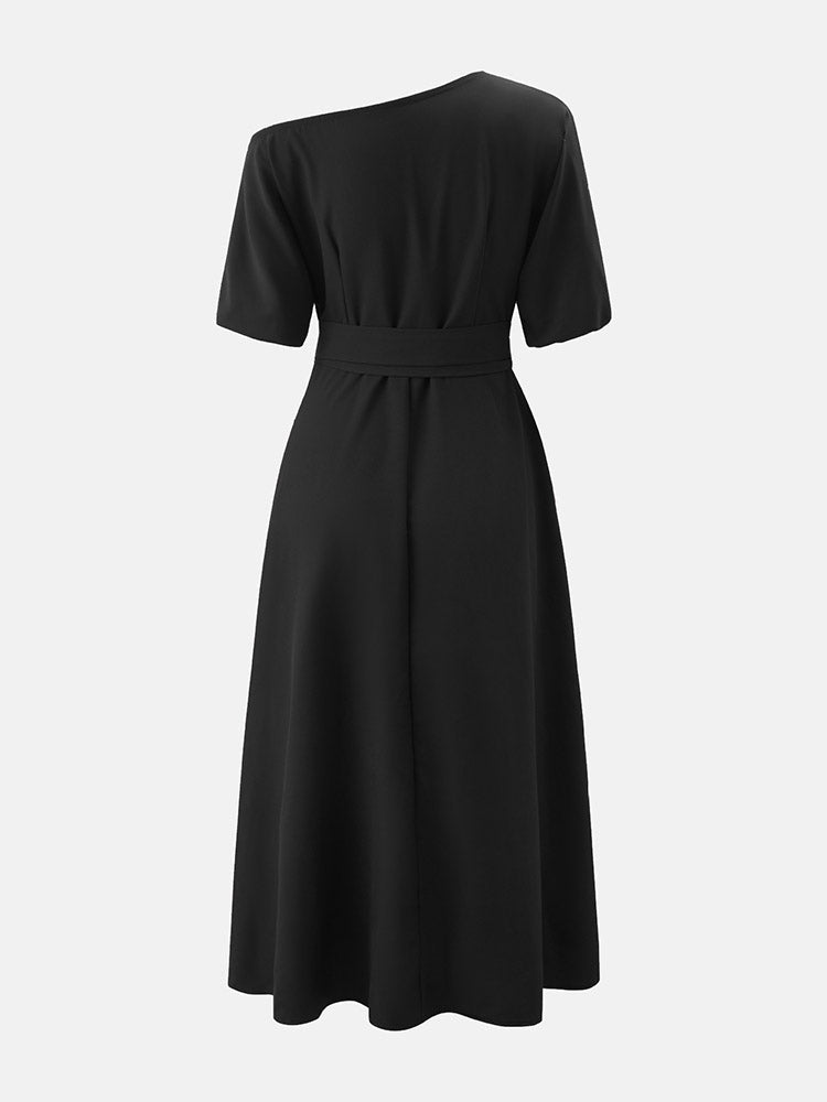 Oblique Neckline Maxi Dress with Belt - View 21 | Lwiis