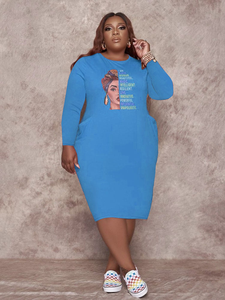 Woman wearing a blue long sleeve sheath dress with graphic print and side pockets.