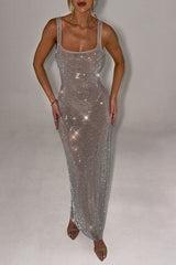 full view of a silver rhinestone evening gown
