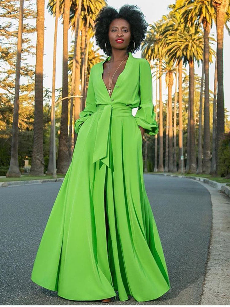 V-neck button maxi dress with slit and puffed sleeves - View 6 | Lwiis