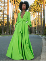 V-neck button maxi dress with slit and puffed sleeves - View 6 | Lwiis