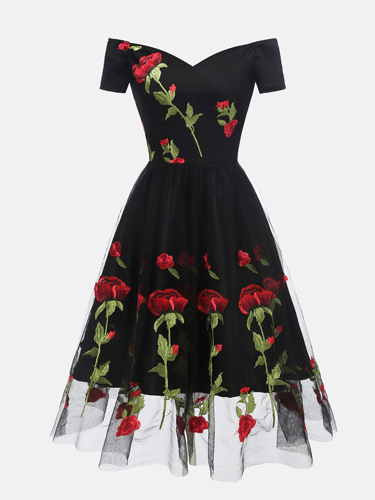 black off-the-shoulder midi dress with embroidered red roses and tulle skirt