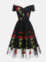 black off-the-shoulder midi dress with embroidered red roses and tulle skirt