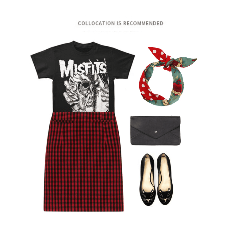 Product image showing a red and teal polka dot and floral print satin headband styled with a black t-shirt, red and black checkered skirt, black clutch, and black flats