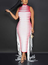 Striped knit midi dress with high neckline and fringe detailing - View 9 | Lwiis