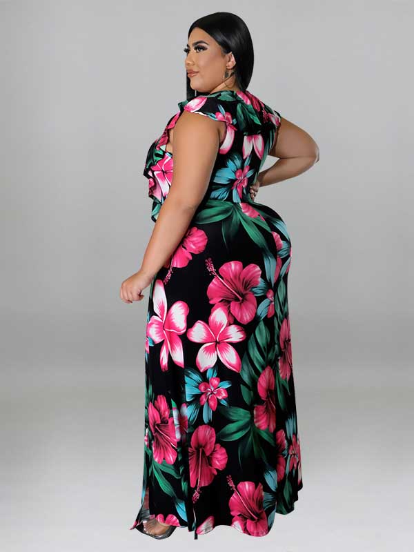 Floral maxi dress with ruffle sleeves and lace-up neckline - View 7 | Lwiis