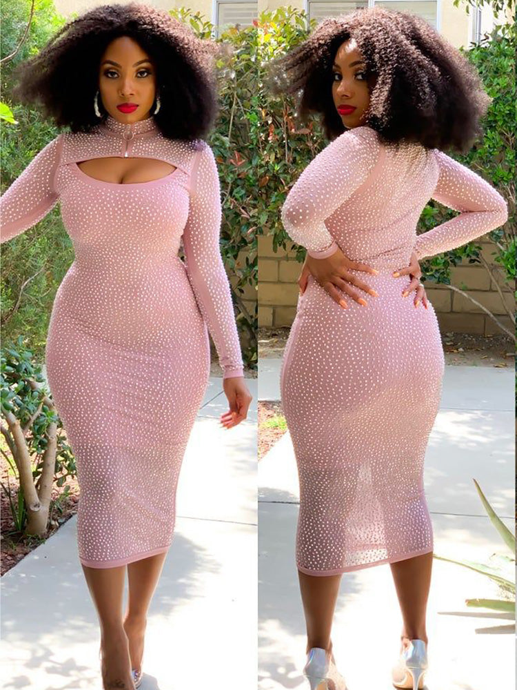 Rhinestone midi dress with mock neck and long sleeves - View 7 | Lwiis