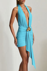 Halter neck mini dress with ruched detail - View 8 | Lwiis