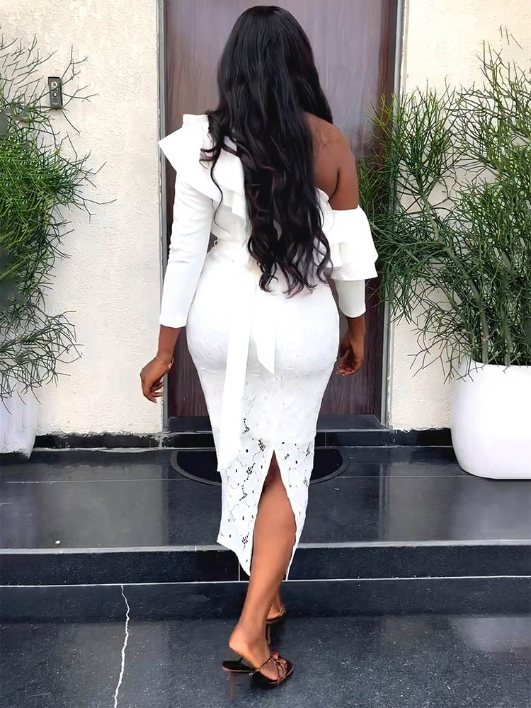 Elegant one shoulder lace dress - View 6 | Lwiis