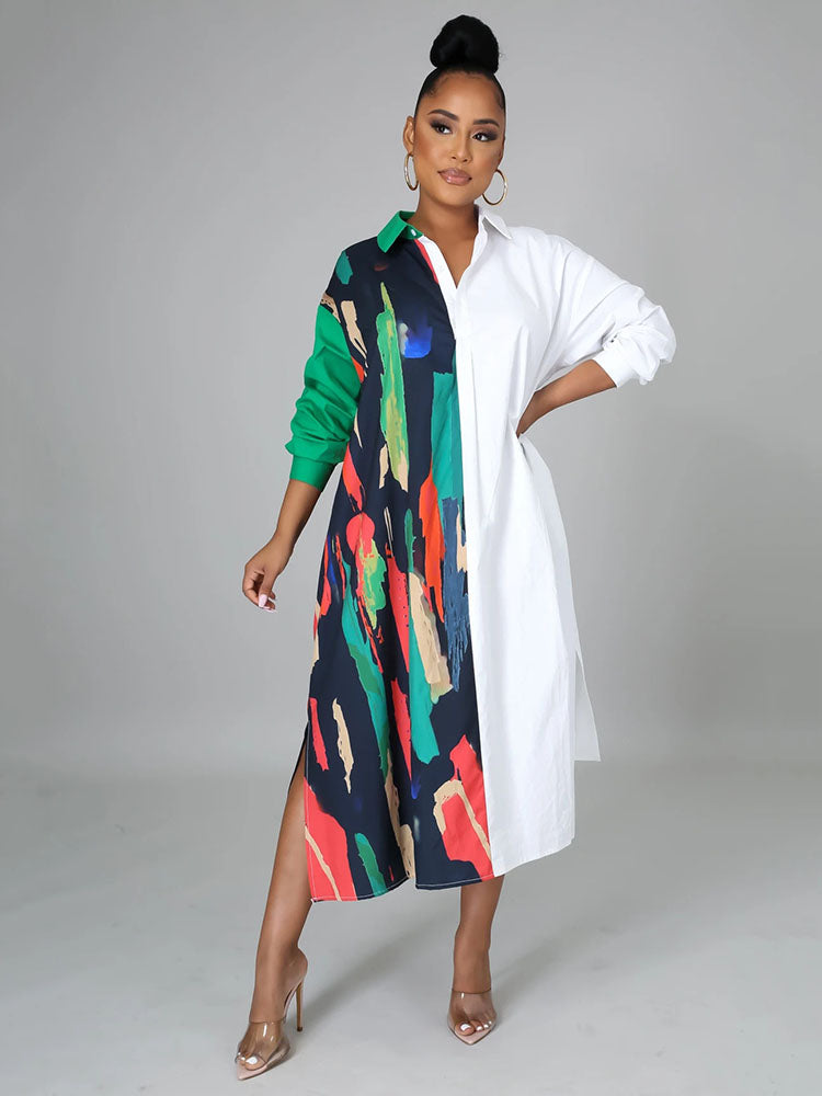 Woman wearing a long-sleeved, asymmetrical color block shirt dress with a white side and a printed side, posing against a grey background.
