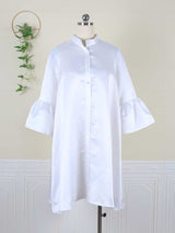White A-line dress with bell sleeves and a high neckline displayed on a mannequin, front view.