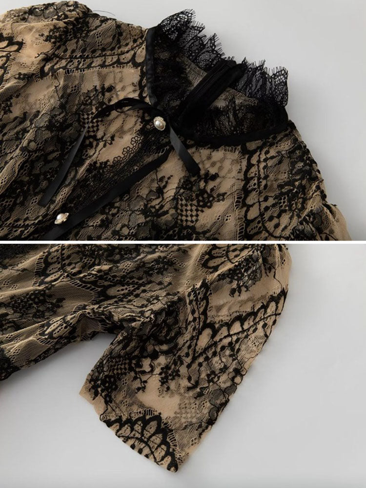 Close-up of the lace neckline and sleeve detail of the dress