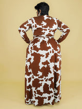 Cow Print Maxi Dress with V-Neck and Long Sleeves - View 9 | Lwiis