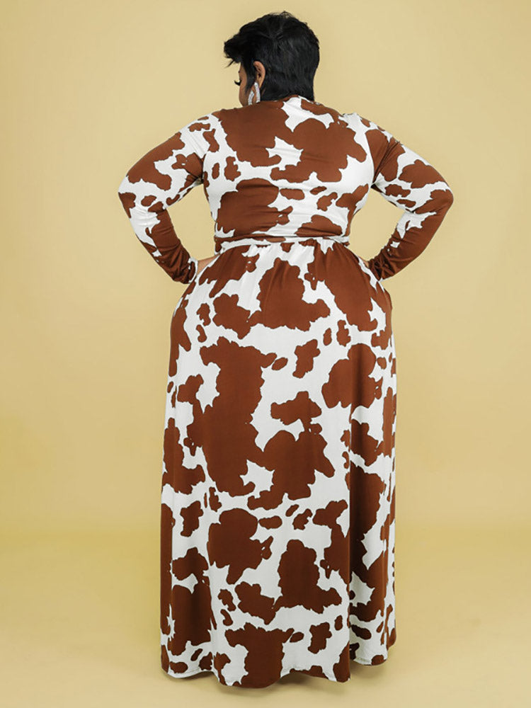 Cow Print Maxi Dress with V-Neck and Long Sleeves - View 9 | Lwiis