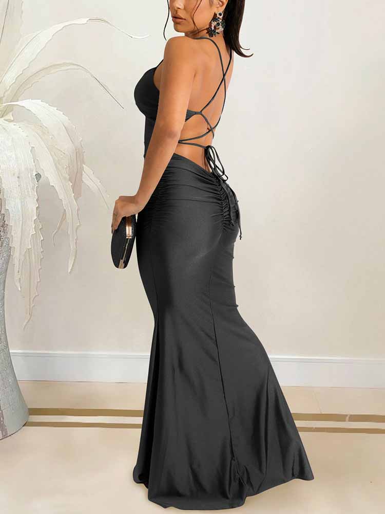 Green Spaghetti Strap Lace Up Maxi Dress - View 15 | Lwiis