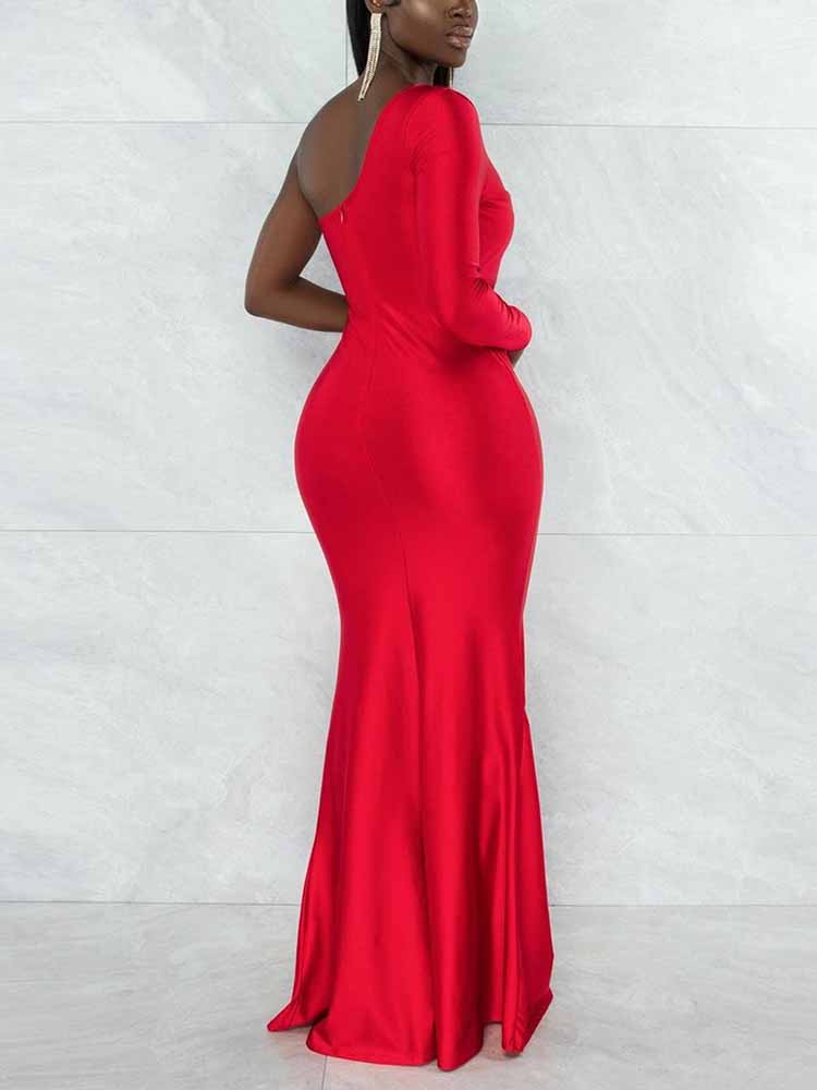 Elegant one shoulder mermaid maxi dress with ruched detailing - View 9 | Lwiis