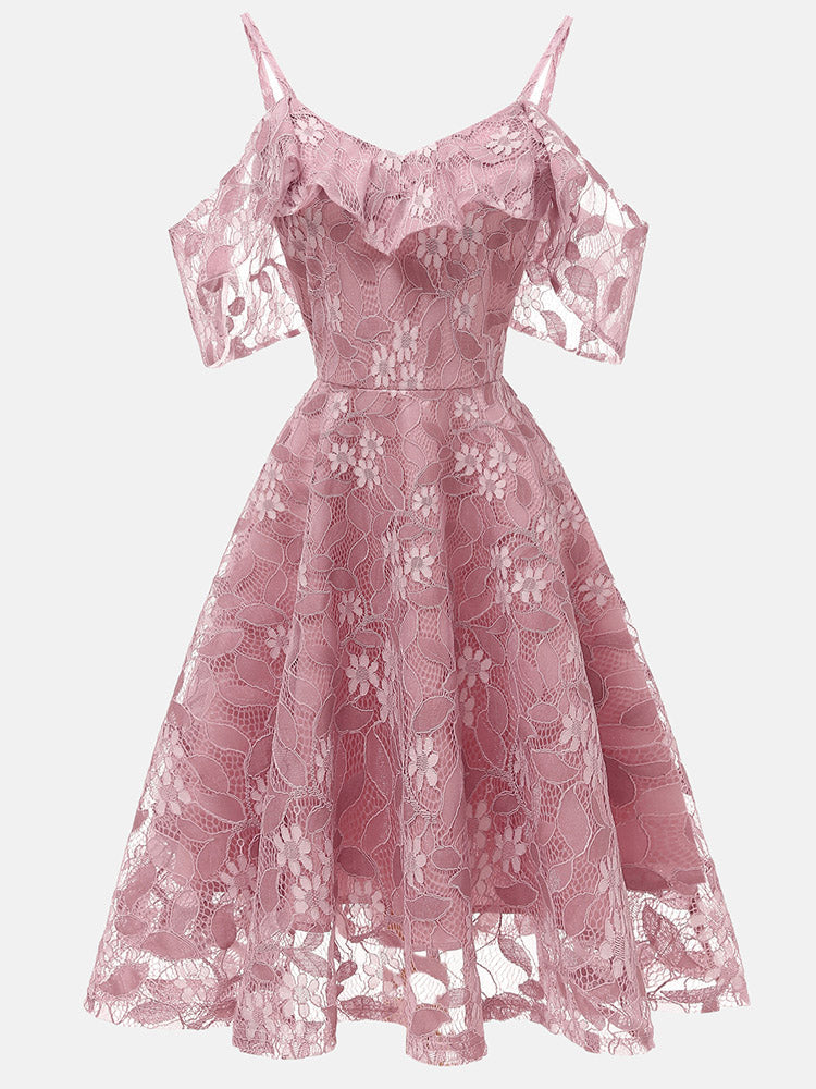 Pink lace cold shoulder midi dress