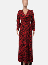 Leopard print maxi dress with long sleeves and v-neckline - View 6 | Lwiis