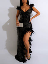 Sequin feather party dress with slit - View 8 | Lwiis