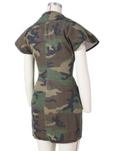 Back view of a camouflage print short sleeve button-down dress displayed on a mannequin.