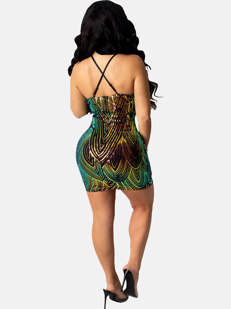 Back view of a woman in a colorful sequin mini dress with fringe detail